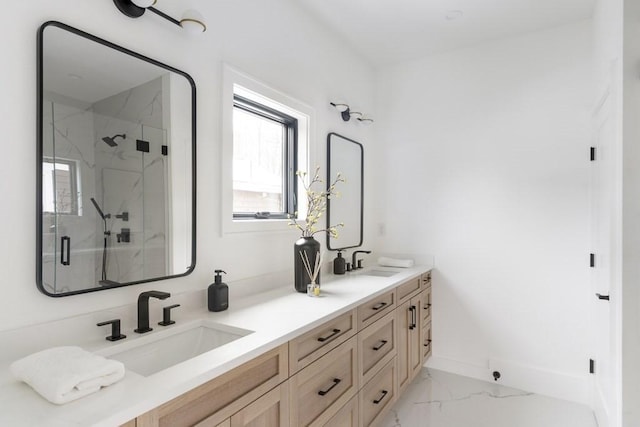 224 Auburn St Unit F, Newton, MA 02466 - bathroom with marble finish floors, a marble finish shower, and double vanity