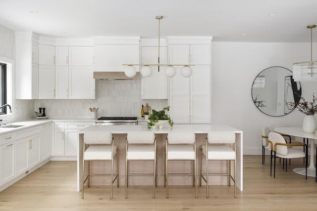 224 Auburn St Unit F, Newton, MA 02466 - kitchen featuring tasteful backsplash, light wood-type flooring, white cabinetry, and light countertops