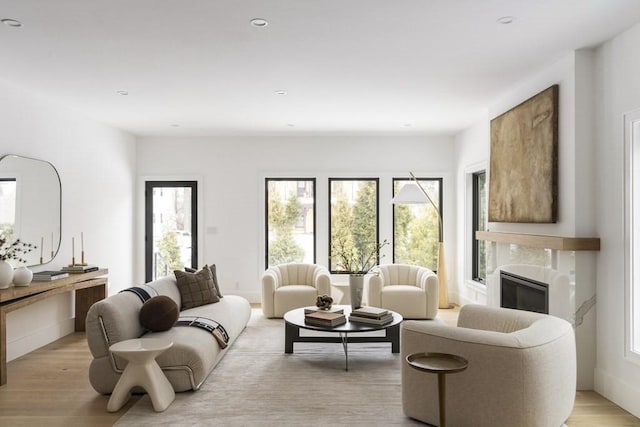 224 Auburn St Unit F, Newton, MA 02466 - living room featuring a fireplace, light wood-style floors, and recessed lighting