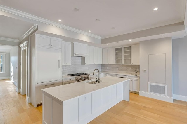 kitchen with an island with sink, light stone countertops, sink, and white cabinets