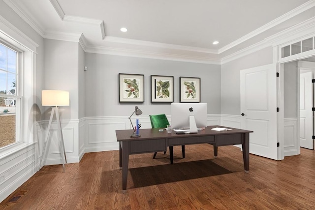 office area featuring a wainscoted wall, ornamental molding, wood finished floors, and recessed lighting