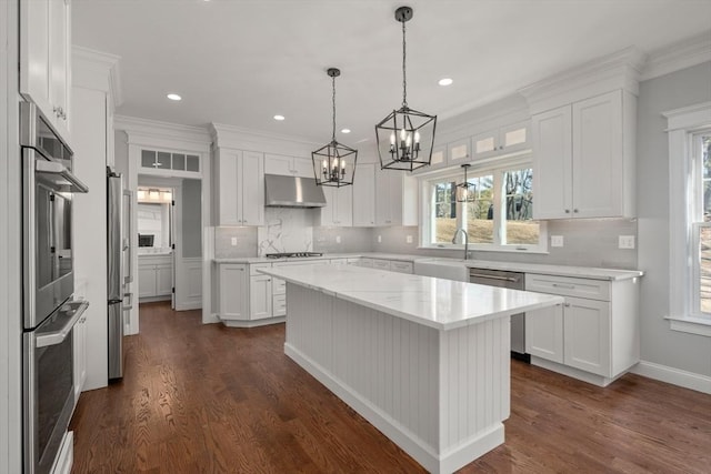 kitchen featuring stainless steel appliances, white cabinets, under cabinet range hood, and dark wood-style floors