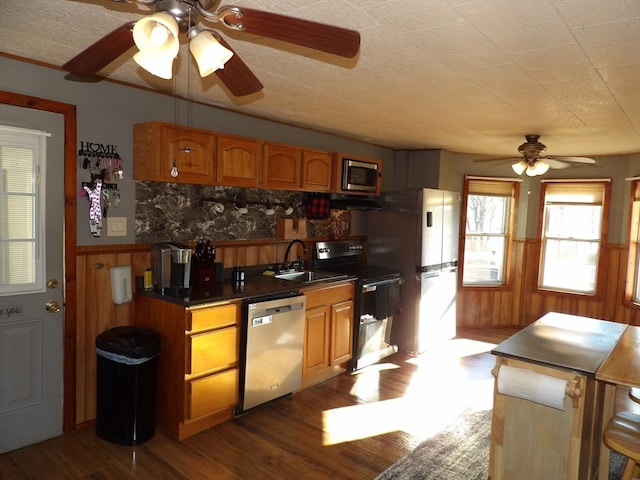 kitchen with sink, dark hardwood / wood-style flooring, wooden walls, and appliances with stainless steel finishes