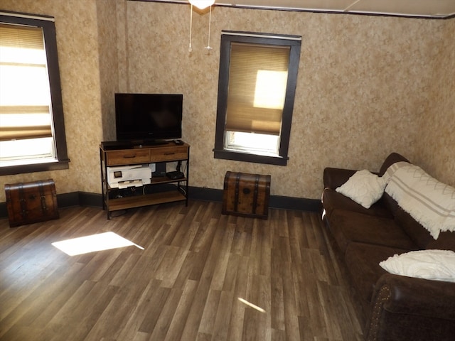 living room featuring dark hardwood / wood-style floors and a healthy amount of sunlight