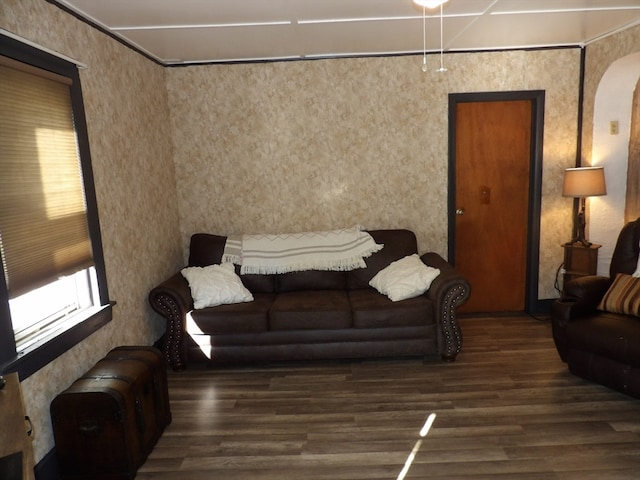 living room with dark wood-type flooring