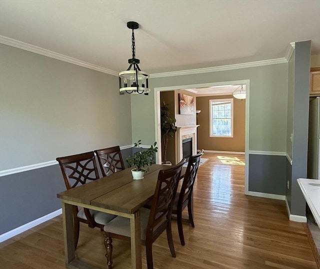 5 Samantha Way Unit 5, Acton, MA 01720 - dining area with baseboards, wood finished floors, crown molding, a chandelier, and a fireplace