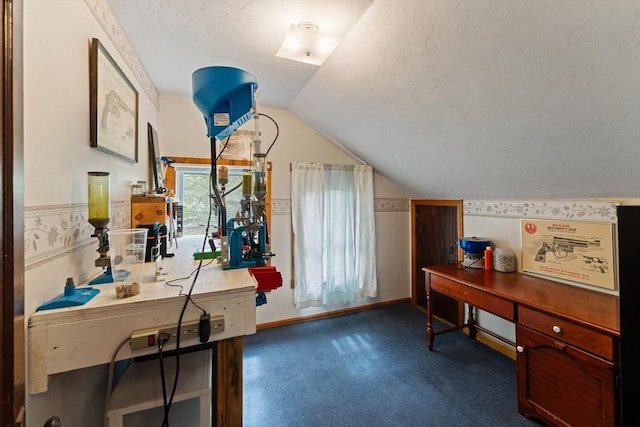 home office featuring lofted ceiling, a textured ceiling, carpet floors, and baseboards