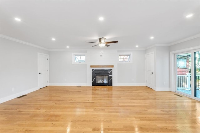 unfurnished living room with ceiling fan, light hardwood / wood-style flooring, and ornamental molding