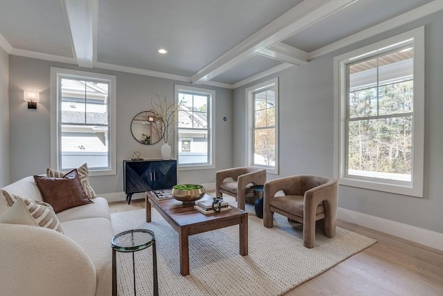 living room with crown molding, beamed ceiling, baseboards, and wood finished floors