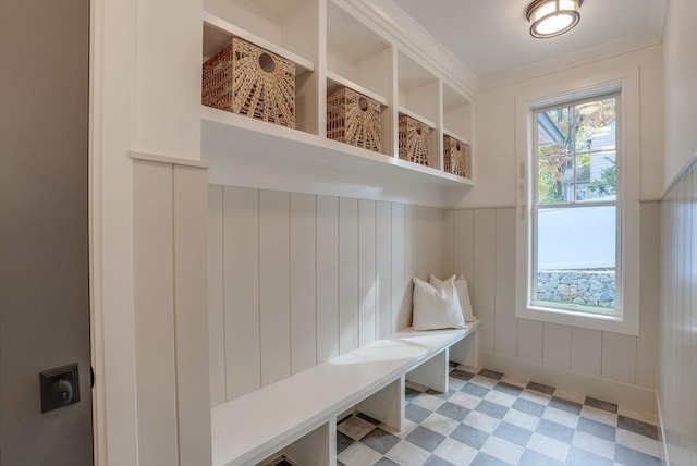 mudroom featuring light floors and ornamental molding