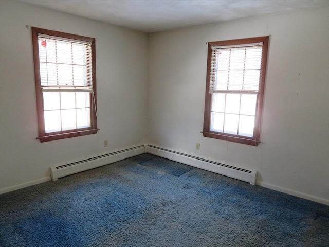 carpeted spare room with baseboards and a baseboard radiator