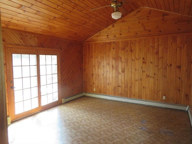 unfurnished room featuring wooden walls, a baseboard radiator, lofted ceiling, ceiling fan, and wood ceiling