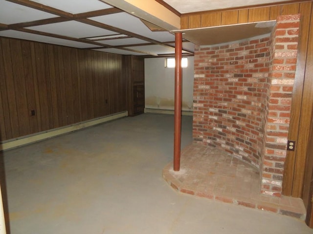 finished basement with baseboard heating and wood walls