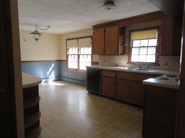 kitchen featuring open shelves, light countertops, a wealth of natural light, and a sink