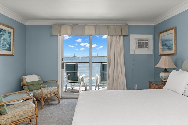 bedroom with ornamental molding, access to outside, a water view, an AC wall unit, and carpet floors