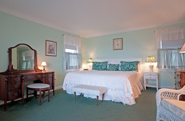 carpeted bedroom with ornamental molding