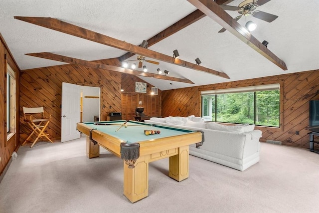 18 Juniper Ln, Framingham, MA 01701 - rec room with wood walls, a ceiling fan, pool table, a textured ceiling, and light carpet
