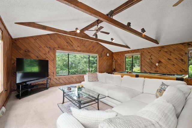 18 Juniper Ln, Framingham, MA 01701 - living area featuring ceiling fan, wood walls, a textured ceiling, billiards table, and carpet floors