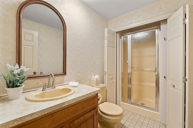 18 Juniper Ln, Framingham, MA 01701 - bathroom featuring a shower stall, vanity, tile patterned floors, and wallpapered walls