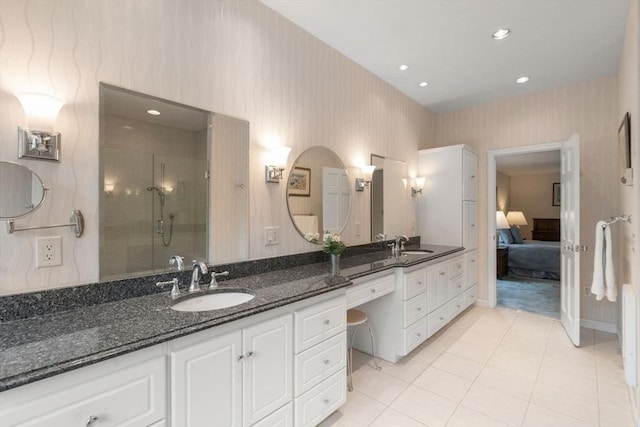 18 Juniper Ln, Framingham, MA 01701 - bathroom featuring double vanity, ensuite bath, a stall shower, tile patterned flooring, and recessed lighting