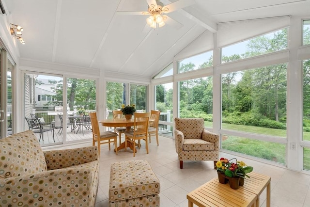 18 Juniper Ln, Framingham, MA 01701 - sunroom with outdoor dining area, tile patterned flooring, ceiling fan, and floor to ceiling windows