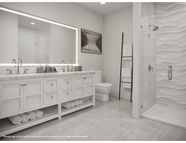bathroom featuring double vanity, toilet, a stall shower, and a sink