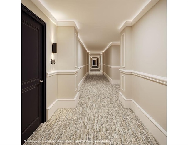 hall featuring carpet flooring