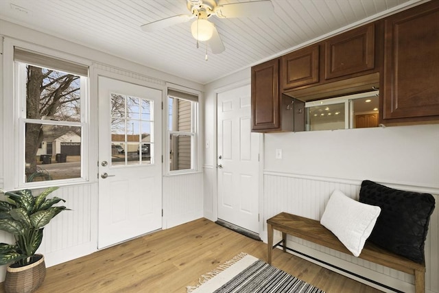 mudroom with ceiling fan and light hardwood / wood-style floors