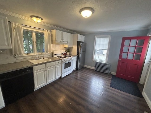 36 Edwards St, Quincy, MA 02169 - kitchen with radiator, black appliances, a sink, under cabinet range hood, and plenty of natural light