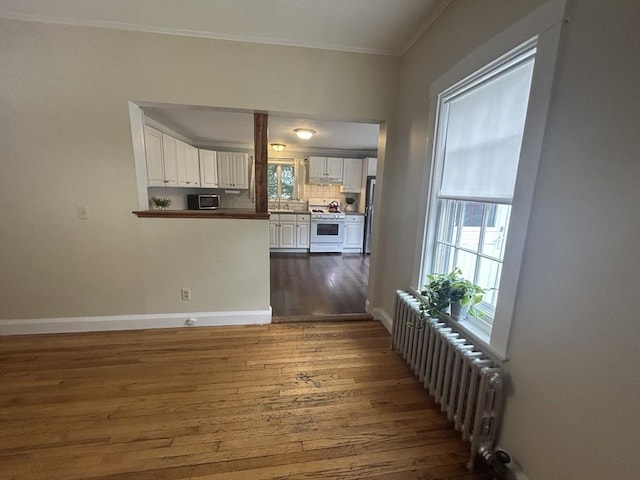36 Edwards St, Quincy, MA 02169 - unfurnished living room featuring dark wood finished floors, crown molding, healthy amount of natural light, radiator heating unit, and baseboards