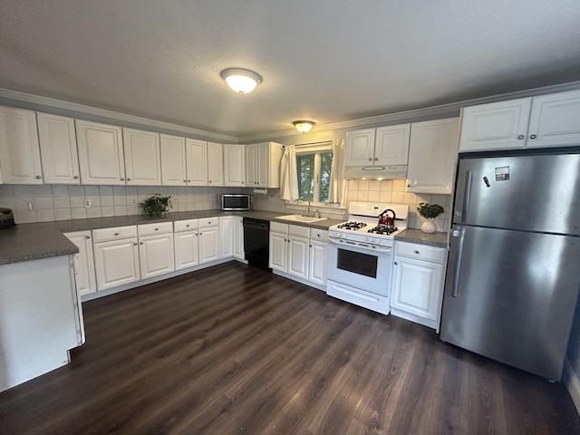 36 Edwards St, Quincy, MA 02169 - kitchen featuring freestanding refrigerator, white range with gas stovetop, dishwasher, a sink, and under cabinet range hood