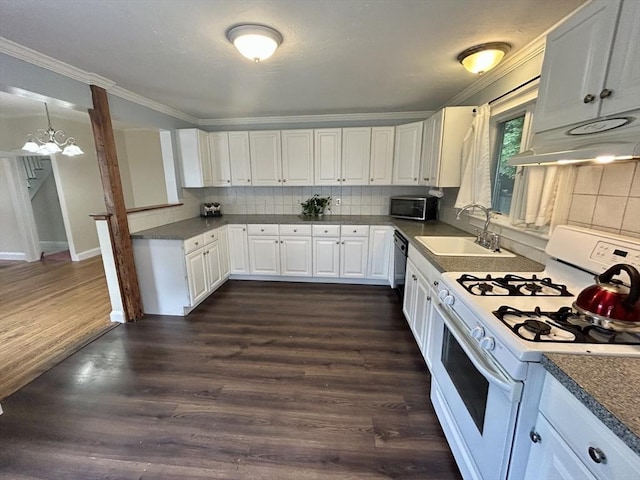 36 Edwards St, Quincy, MA 02169 - kitchen featuring white gas range oven, a sink, decorative backsplash, white cabinets, and crown molding