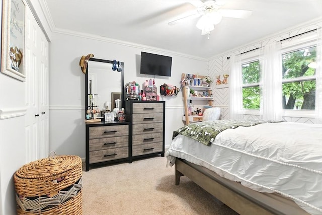 78 Yorktown Ct Unit 78, Chicopee, MA 01020 - bedroom featuring light colored carpet, ornamental molding, a closet, and a ceiling fan