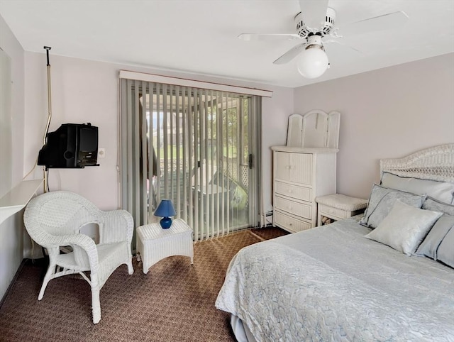 bedroom with access to exterior, dark carpet, ceiling fan, and baseboard heating