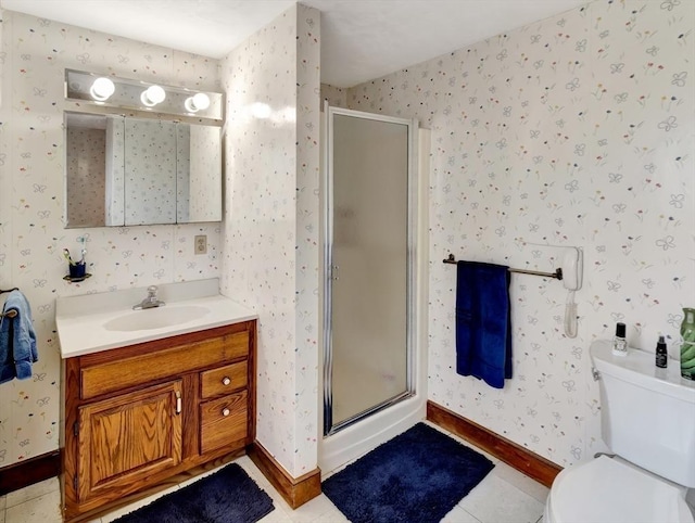bathroom with wallpapered walls, a stall shower, vanity, toilet, and tile patterned flooring