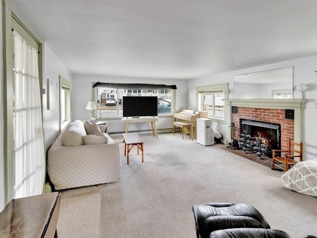 carpeted living room featuring a brick fireplace