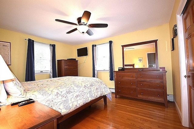 bedroom featuring dark wood-type flooring, a baseboard heating unit, and ceiling fan