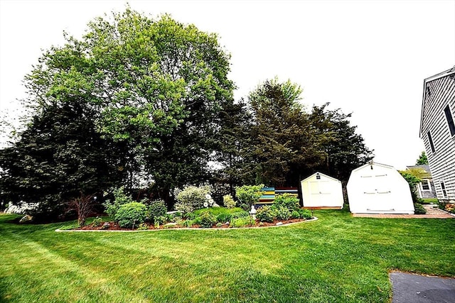 view of green lawn with a storage shed and an outdoor structure