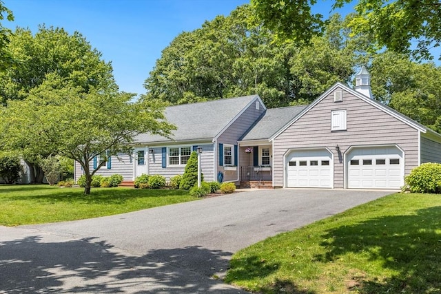 24 Emerald Ln, Falmouth, MA 02536 - ranch-style house featuring an attached garage, asphalt driveway, a front lawn, and a chimney