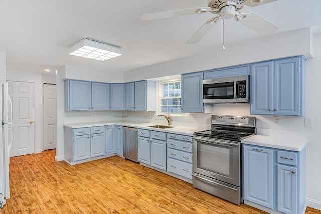 24 Emerald Ln, Falmouth, MA 02536 - kitchen with appliances with stainless steel finishes, blue cabinetry, light countertops, and light wood finished floors