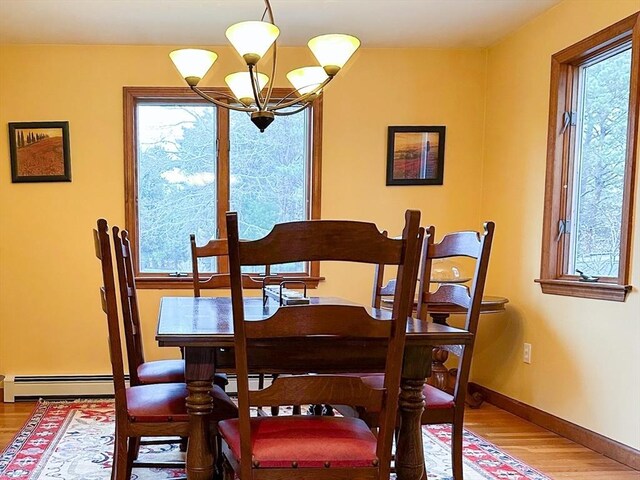 11 Polaris Dr, Mashpee, MA 02649 - dining space featuring an inviting chandelier, wood finished floors, plenty of natural light, and a baseboard heating unit