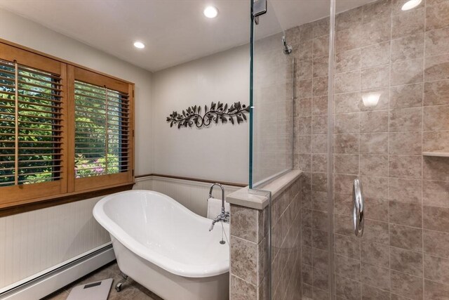 11 Polaris Dr, Mashpee, MA 02649 - bathroom with a tile shower, a baseboard radiator, a wainscoted wall, recessed lighting, and a freestanding bath