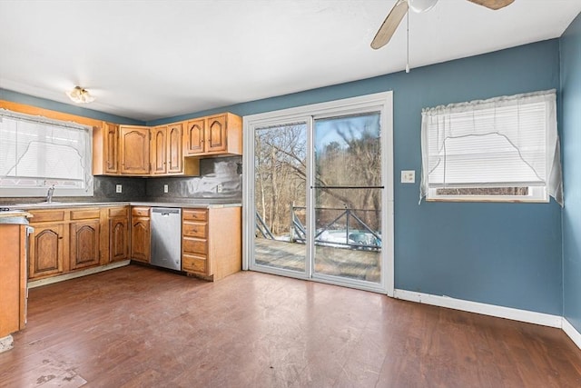 kitchen with dark wood-style floors, baseboards, backsplash, and stainless steel dishwasher