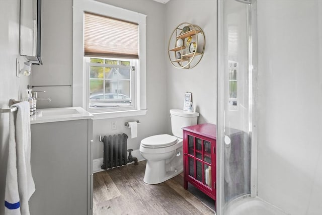 21 Vernon St, Lowell, MA 01850 - full bathroom with vanity, radiator, wood finished floors, toilet, and a shower stall