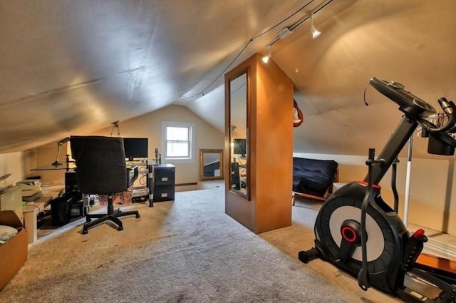 21 Vernon St, Lowell, MA 01850 - home office featuring track lighting, vaulted ceiling, and carpet floors