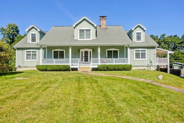 new england style home with a porch and a front lawn