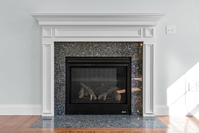 details with hardwood / wood-style floors and a high end fireplace