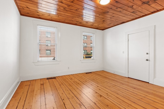 unfurnished room featuring wooden ceiling and light wood-type flooring