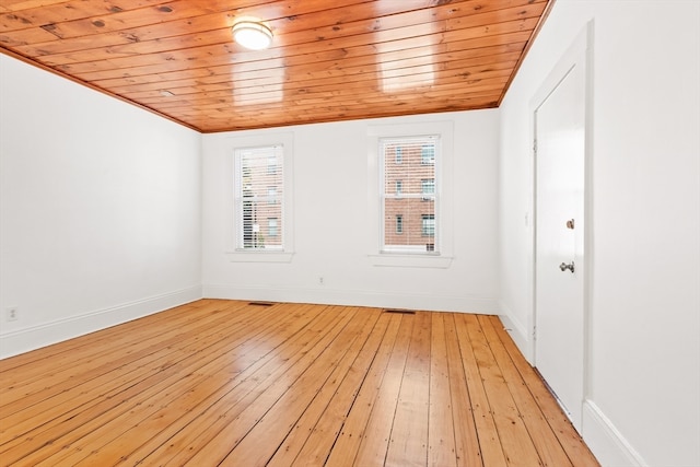 spare room with wood ceiling and light wood-type flooring