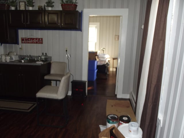 kitchen featuring dark brown cabinets, dark hardwood / wood-style floors, and sink